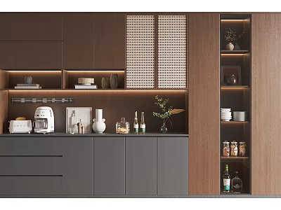 Modern Wine Cabinet Design With Wooden Gray Cabinets Open Shelves And Decorative Lighting 3d model