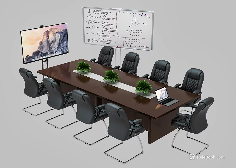 Modern Conference Table With Black Chairs Green Plants Laptop Whiteboard And Large Screen Monitor 3d model 
