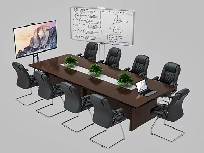 Modern Conference Table With Black Chairs Green Plants Laptop Whiteboard And Large Screen Monitor 3d model