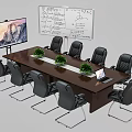 Modern Conference Table With Black Chairs Green Plants Laptop Whiteboard And Large Screen Monitor