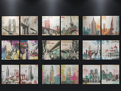 Colorful Oil Paintings of Famous City Landmarks Arranged in Multiple Panels 3d model