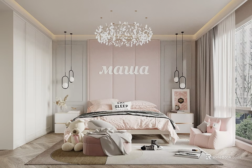 Cozy Kids Room With Pink Headboard Personalized Name Maria Chandelier And Stuffed Toys 3d model 