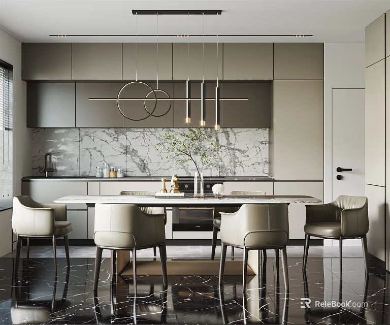 Modern Open Concept Dining Restaurant With Marble Table Chairs And Pendant Lights 3d model