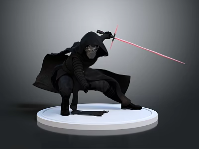 Game Movie Character In Black Cloak With Mask Holding Red Lightsaber Crouching On White Base 3d model