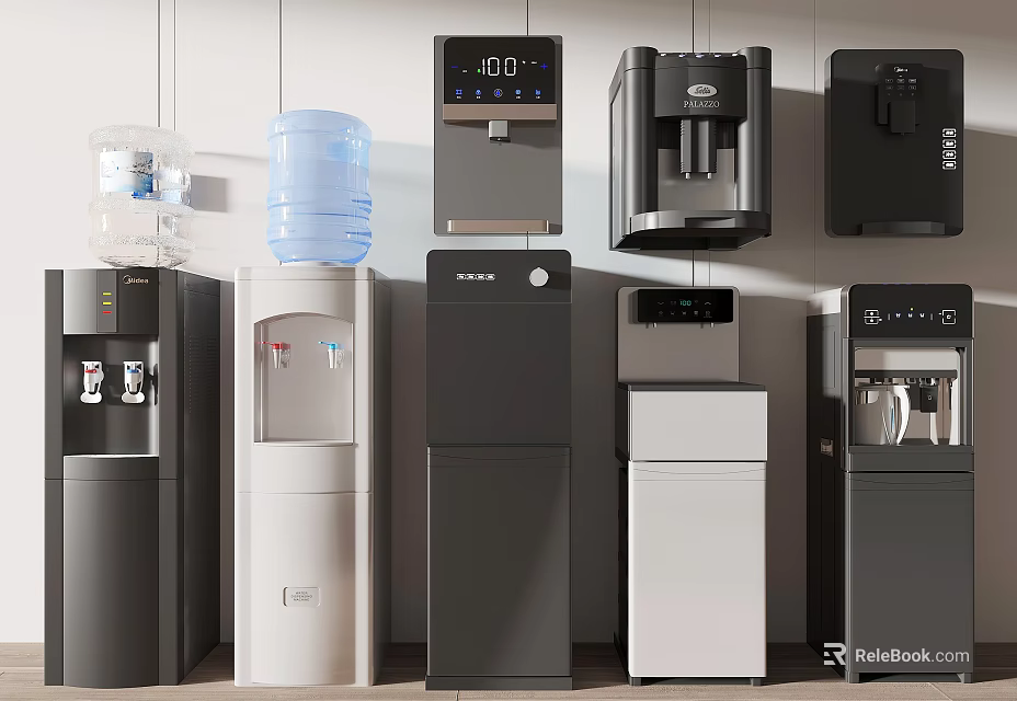 Practical Household Electrical Appliances With Floor Standing Wall Mounted Water Dispensers In Black White Gray 3d model 