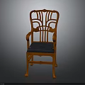 Orange Wooden Chair With Carved Backrest Armrests And Blue Padded Seat