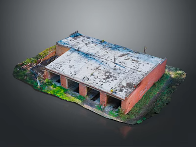 Rural Landscape With Red Brick Building And Weathered Roof Surrounded By Green Grass 3d model