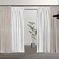 Beige And White Layered Curtains In Modern Room With Wooden Floor And Green Plant