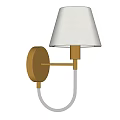 Golden Brass Wall Sconce With Beige Fabric Shade Curved Arm Mounted On White Wall