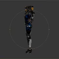 Futuristic Game and Movie Character With Blue Orange Armor Mechanical Arm Attachments and Tactical Gear