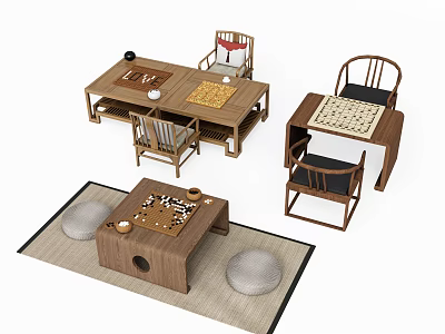 Traditional Board Game Entertainment Setup With Wooden Tables Chairs Chessboards And Mats 3d model