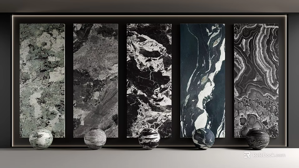 Elegant Marble Wall Panels With Various Textures And Decorative Spheres In Interior 3d model