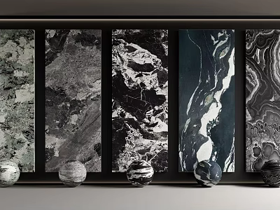 Elegant Marble Wall Panels With Various Textures And Decorative Spheres In Interior 3d model