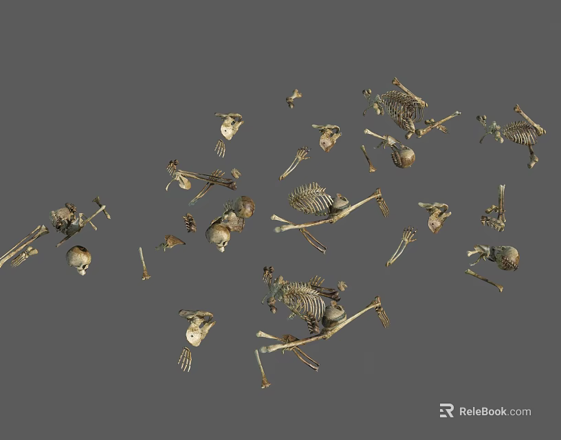 Scattered Animal Limb Bones on Gray Background with Detailed Skeletal Structures 3d model 