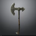 Medieval Battle Axe With Intricate Patterns Symmetrical Decorations And Wooden Wrapped Handle