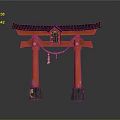 Traditional Japanese Torii Gate With Red Pillars Black Roof And Hanging Bell
