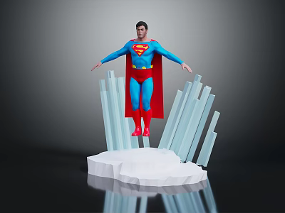 Superman Character With Red Cape Standing On Platform With Transparent Pillars And Gray Background 3d model