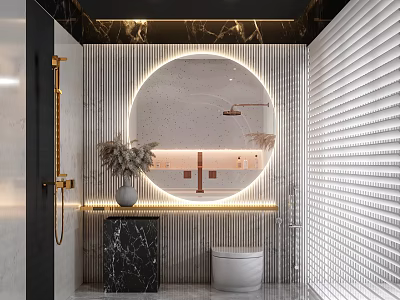 Elegant Modern Bathroom Interior With Round LED Mirror Marble Countertop Toilet And Vertical Striped Walls 3d model