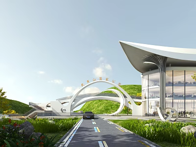 Park Landscape with Modern Architectural Curved Archway Green Hillside Grassland and Road 3d model