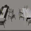 Modern Dining Table Set With Black White Marble Tops And Gray Beige Chairs 3d model