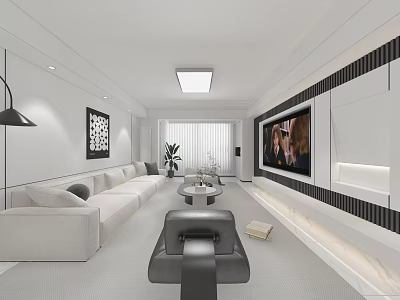 Bright Modern Minimalist Living Room With Comfortable Sofa Coffee Table And Large Wall Mounted Television 3d model