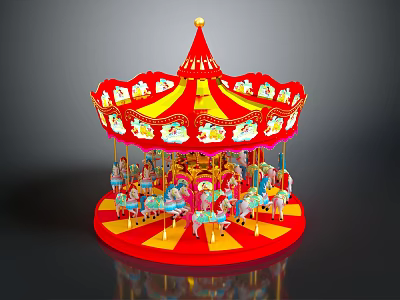 Colorful Red Yellow Decorative Classic Carousel Children Amusement Ride Play Equipment 3d model