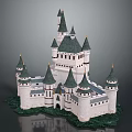 Cartoon Fantasy Castle Scene With Pointed Towers White Walls Green Roofs And Lush Grass