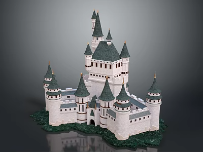 Cartoon Fantasy Castle Scene With Pointed Towers White Walls Green Roofs And Lush Grass 3d model