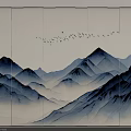 Ink Painting Style Wall Decor With Blue Mountains Flying Birds And Vertical Light Strips
