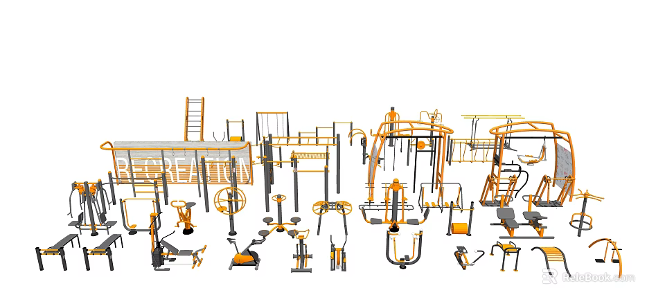 Durable Fitness Equipment Including Pull Up Bars Parallel Bars Treadmills And Dumbbells 3d model 