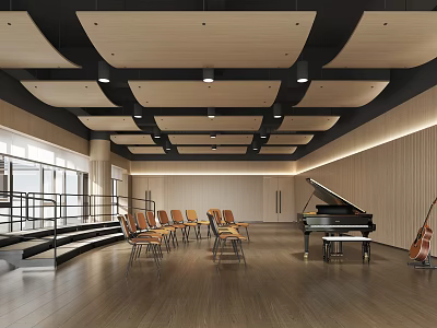 Spacious Music Practice Room With Wooden Ceiling Floor Piano Chairs And Large Windows 3d model
