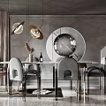 Dining Table Set With Elegant Chairs Pendant Lights And Round Mirror Modern Interior 3d model