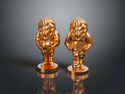 Two Golden Lion Trophy Sculptures With Round Base And Shiny Golden Surface 3d model
