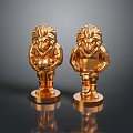 Two Golden Lion Trophy Sculptures With Round Base And Shiny Golden Surface