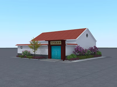 Traditional Building With Red Roof White Walls Blue Door Green Plants Purple Flowers And Tree 3d model