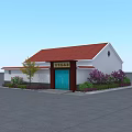 Traditional Building With Red Roof White Walls Blue Door Green Plants Purple Flowers And Tree