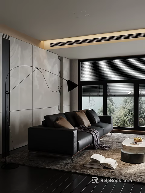 Modern Living Room Decorative Ornament Set With Black Sofa Floor Lamp And Coffee Table 3d model 