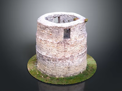 Circular Stone Tower Model With Small Window And Green Grass Base 3d model