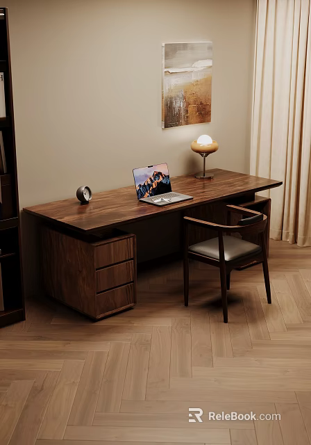 Cozy Wooden Desk Setup With Laptop Table Lamp Alarm Clock Chair And Drawer 3d model 