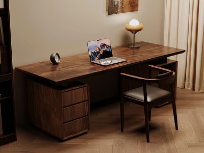 Cozy Wooden Desk Setup With Laptop Table Lamp Alarm Clock Chair And Drawer 3d model