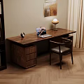 Cozy Wooden Desk Setup With Laptop Table Lamp Alarm Clock Chair And Drawer
