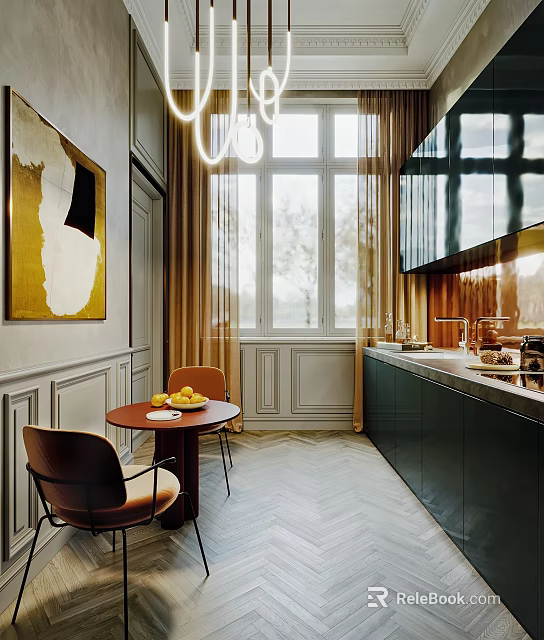 Elegant Modern Kitchen Interior With Dark Green Cabinets Marble Island And Dining Chairs 3d model 