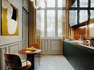 Elegant Modern Kitchen Interior With Dark Green Cabinets Marble Island And Dining Chairs 3d model