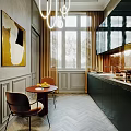 Elegant Modern Kitchen Interior With Dark Green Cabinets Marble Island And Dining Chairs