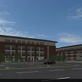 Modern Red Brick School Building With Symmetrical Design Green Lawn And Clear Blue Sky