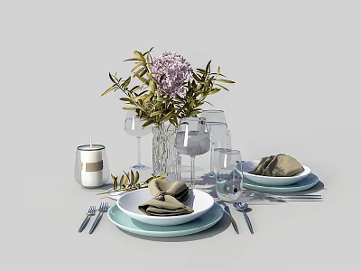 Elegant Dinnerware Set with Plates Folded Napkins Cutlery Glassware Vase and Flower Arrangement 3d model