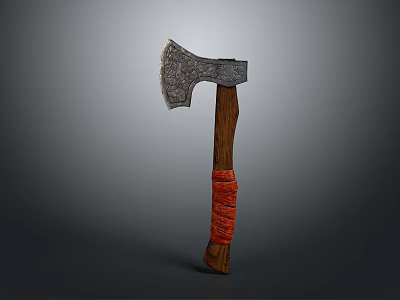 Handcrafted Axe Weapon Featuring Forged Metal Head And Wooden Handle With Red Band 3d model