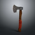 Handcrafted Axe Weapon Featuring Forged Metal Head And Wooden Handle With Red Band