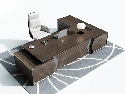Modern Wooden Office Desk With Laptop Lamp Cup Smartphone And Leather Chair On Geometric Rug 3d model