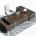 Modern Wooden Office Desk With Laptop Lamp Cup Smartphone And Leather Chair On Geometric Rug